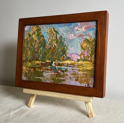 Oil painting Relaxation on a summer river by Oleksiy Ivanyuk in wooden frame