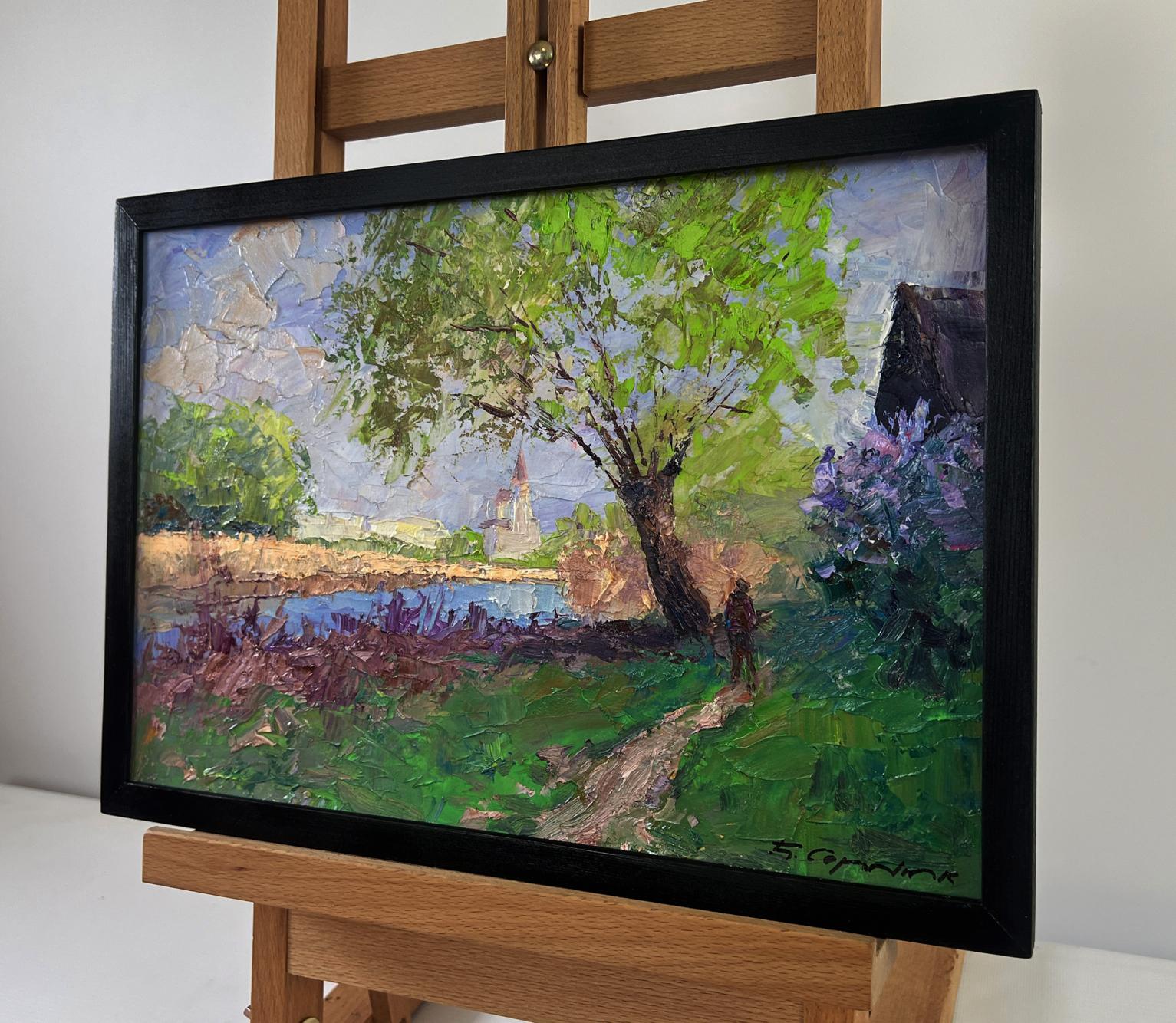 Oil painting The earth awakens in sunlight by Boris Serdyuk, vibrant green tree