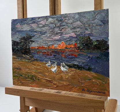 Oil painting Geese in the Yard by Boris Serdyuk, textured landscape