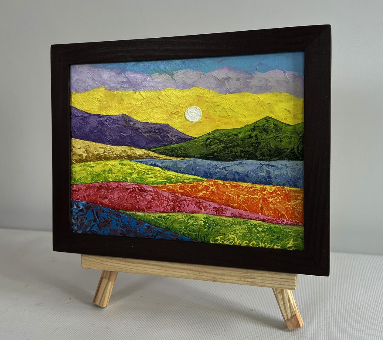 Oil painting The sun is behind the mountains by V. Zadorozhnya in dark frame