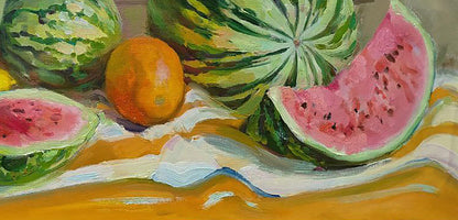 Vibrant impressionistic oil painting of sliced watermelon by Leonid Pavlenko