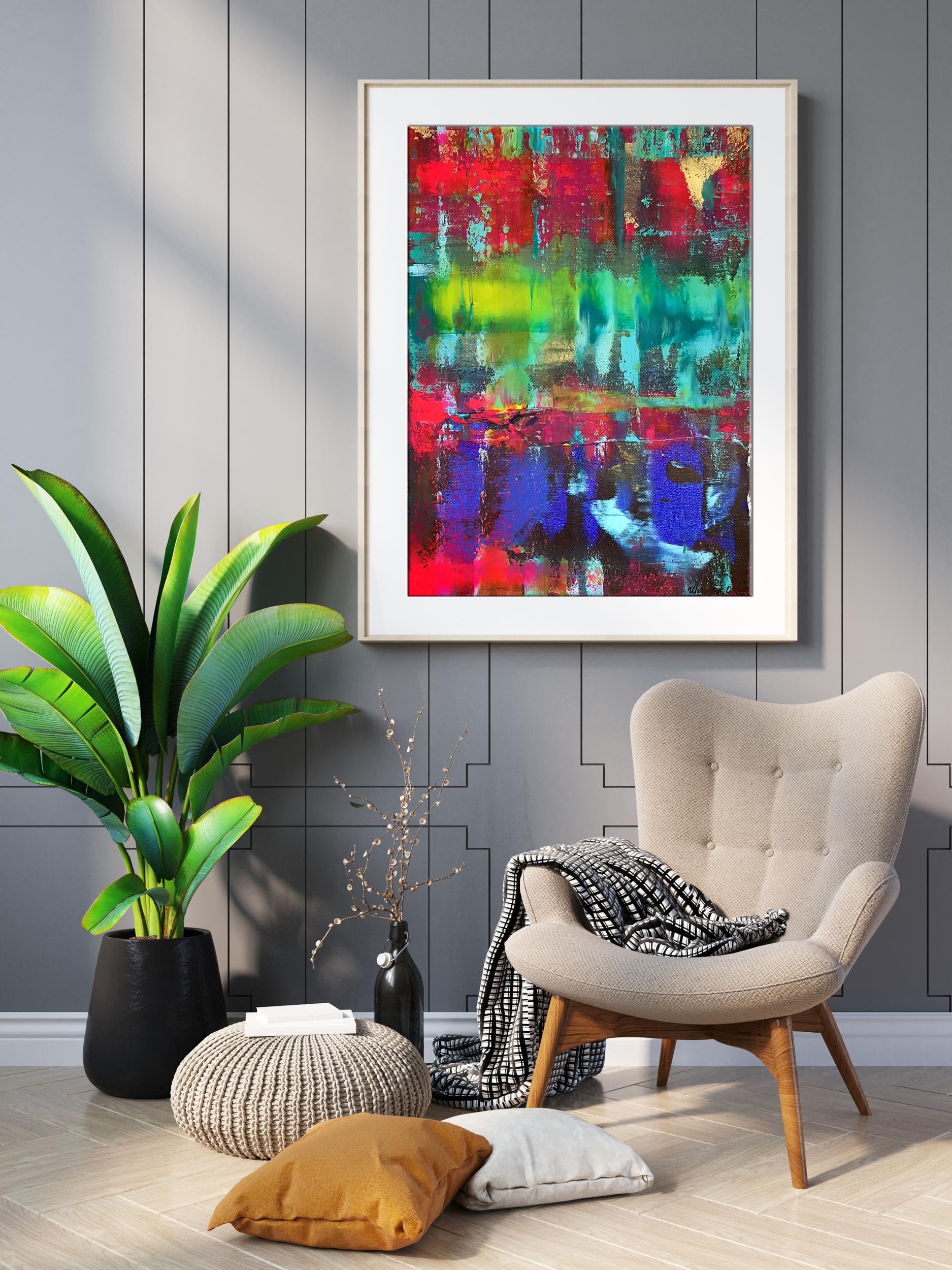 Vibrant Magic Wand acrylic painting by Olga Melezhik in white frame