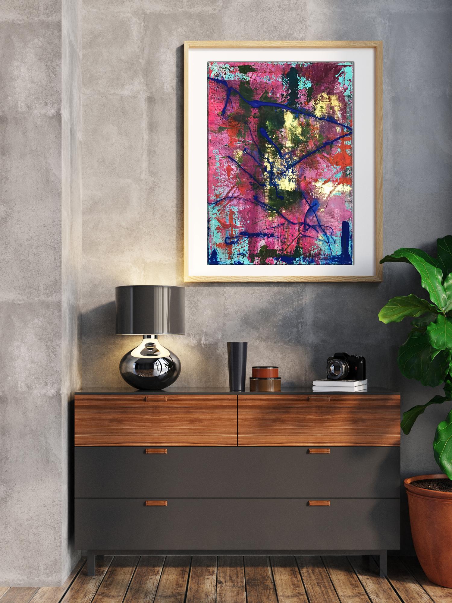 Delight Olga Melezhik acrylic painting in light wood frame with vibrant pink blue green orange splashes