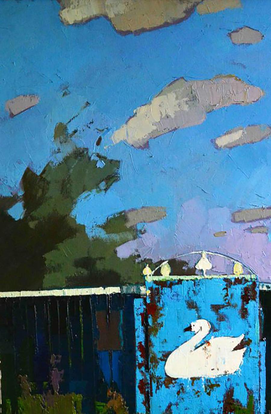 Oil painting Time Passes by Natalia Korf-Ivaniuk: white swan on weathered blue fence