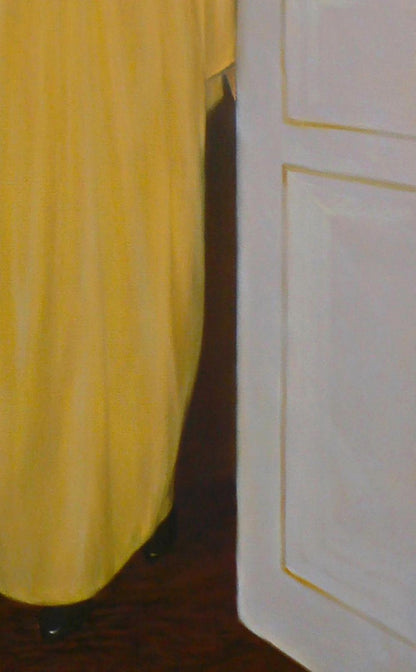 Oil painting portrait of woman by Vasily Korkishko with yellow curtain beside door