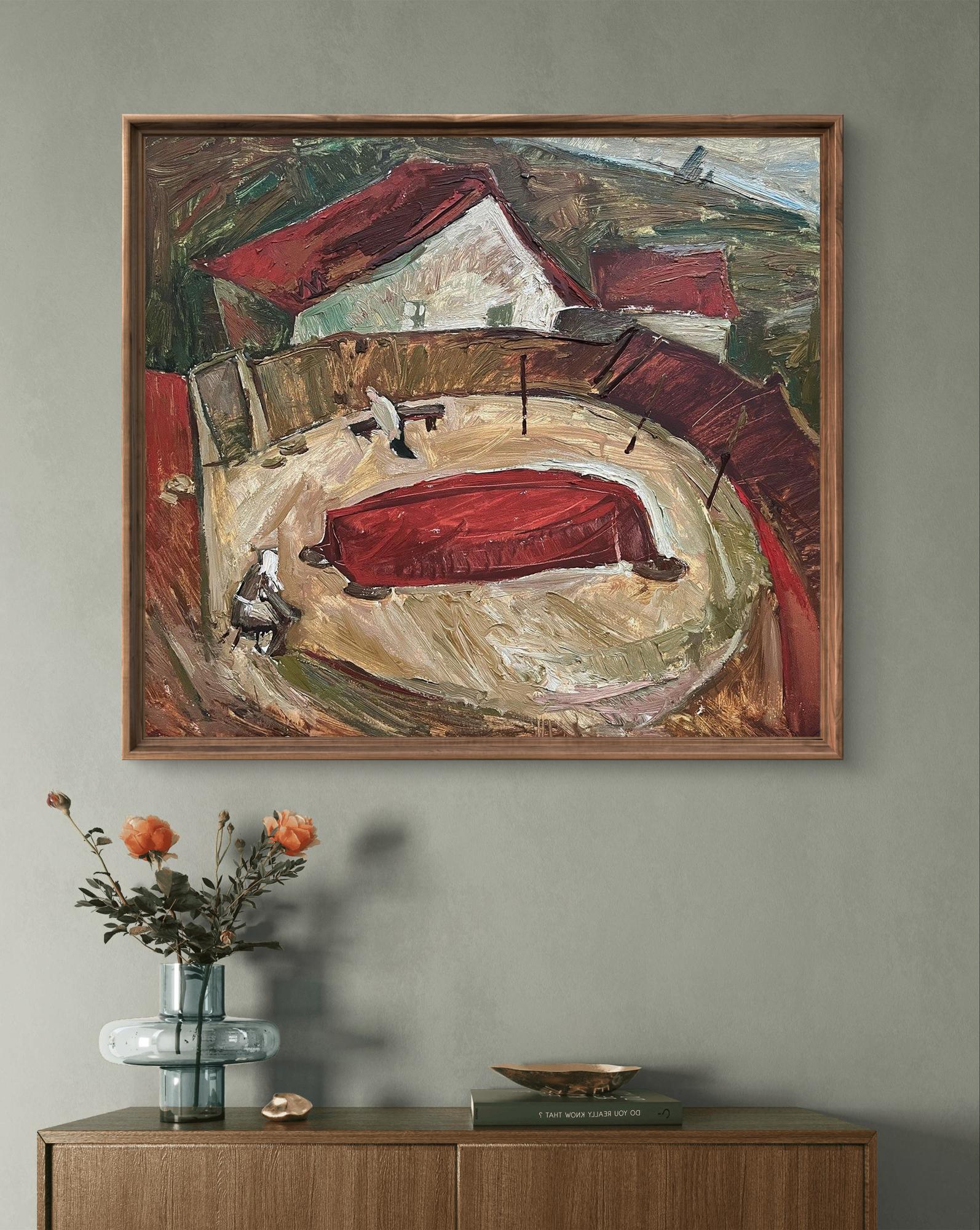 Framed Oil Painting Fisherman’s House by Oleksandr Andreev, abstract rural scene