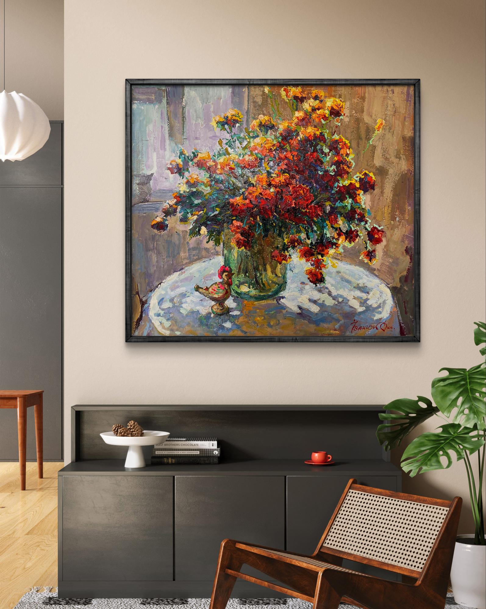 Vibrant orange and red marigolds oil painting by Oksana Ivanyuk in black frame