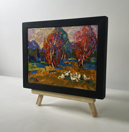 Oil painting Autumn touches the field by Oleksiy Ivanyuk, framed in black