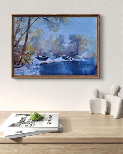 Watercolor painting Snowy morning light by Boris Serdyuk in wooden frame