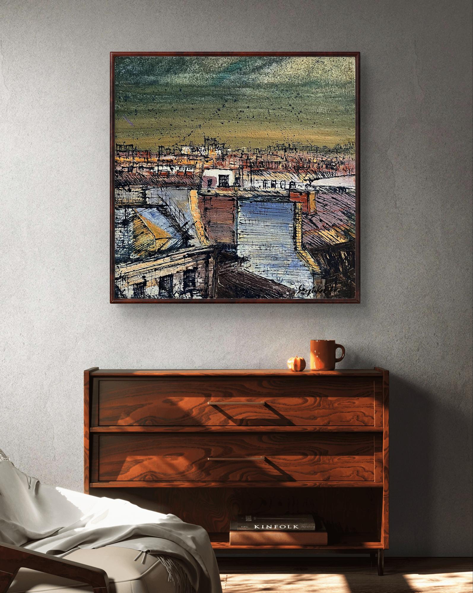Framed Oil painting Above the City by Serhiy Kovalev, textured cityscape