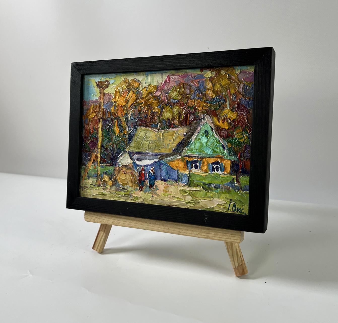 Vibrant impressionist oil painting Neighbor’s house by Oksana Ivanyuk in black frame