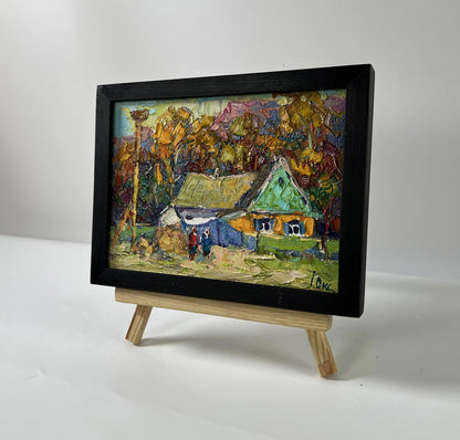 Vibrant impressionist oil painting Neighbor’s house by Oksana Ivanyuk in black frame