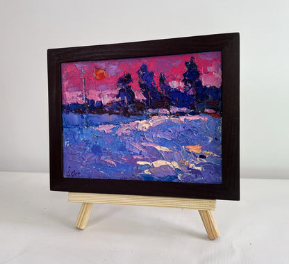 Oil painting Frosty winter evening by Oksana Ivanyuk in dark frame