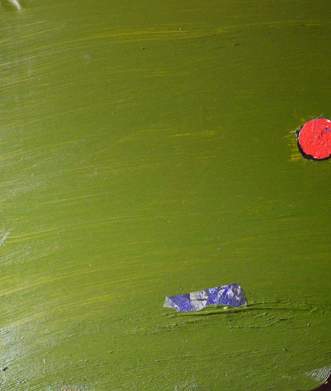 Back of Oil painting Red Evening Mountains by Natalia Korf-Ivaniuk with green surface, red sticker, torn blue strip