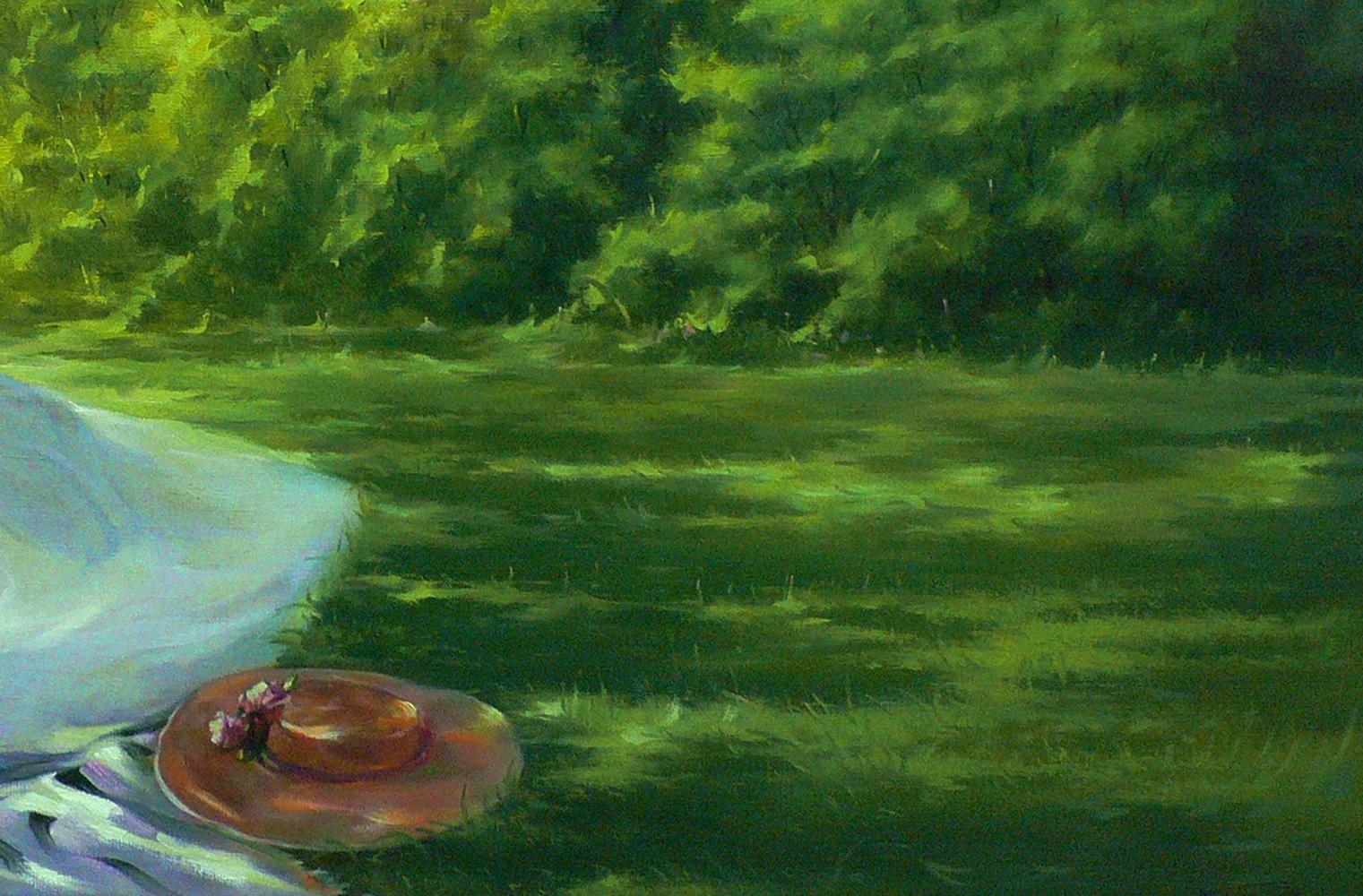 Oil painting of soft wide-brimmed straw hat with pink flower on grass by Vasily Korkishko