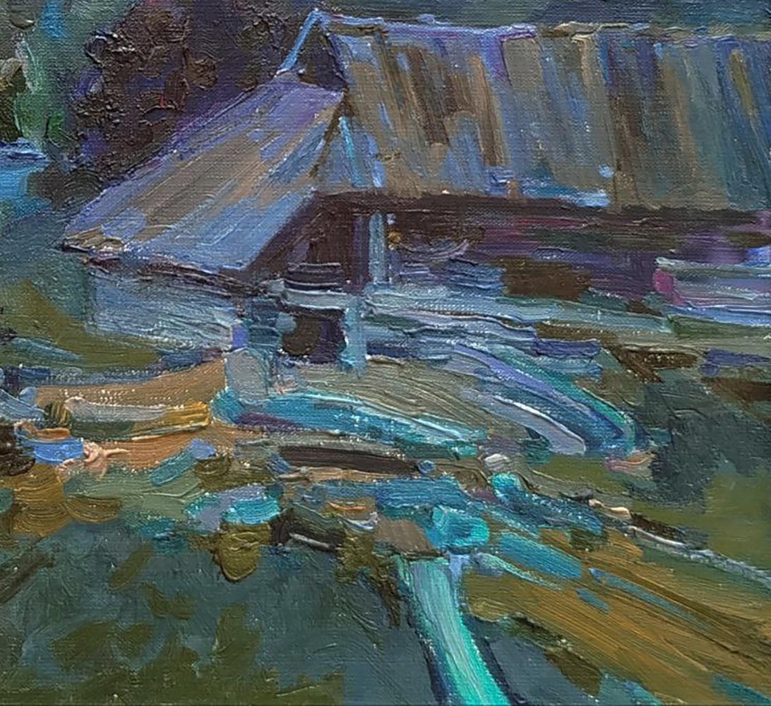 Oil painting Twilight in the village by Leonid Pavlenko rustic house