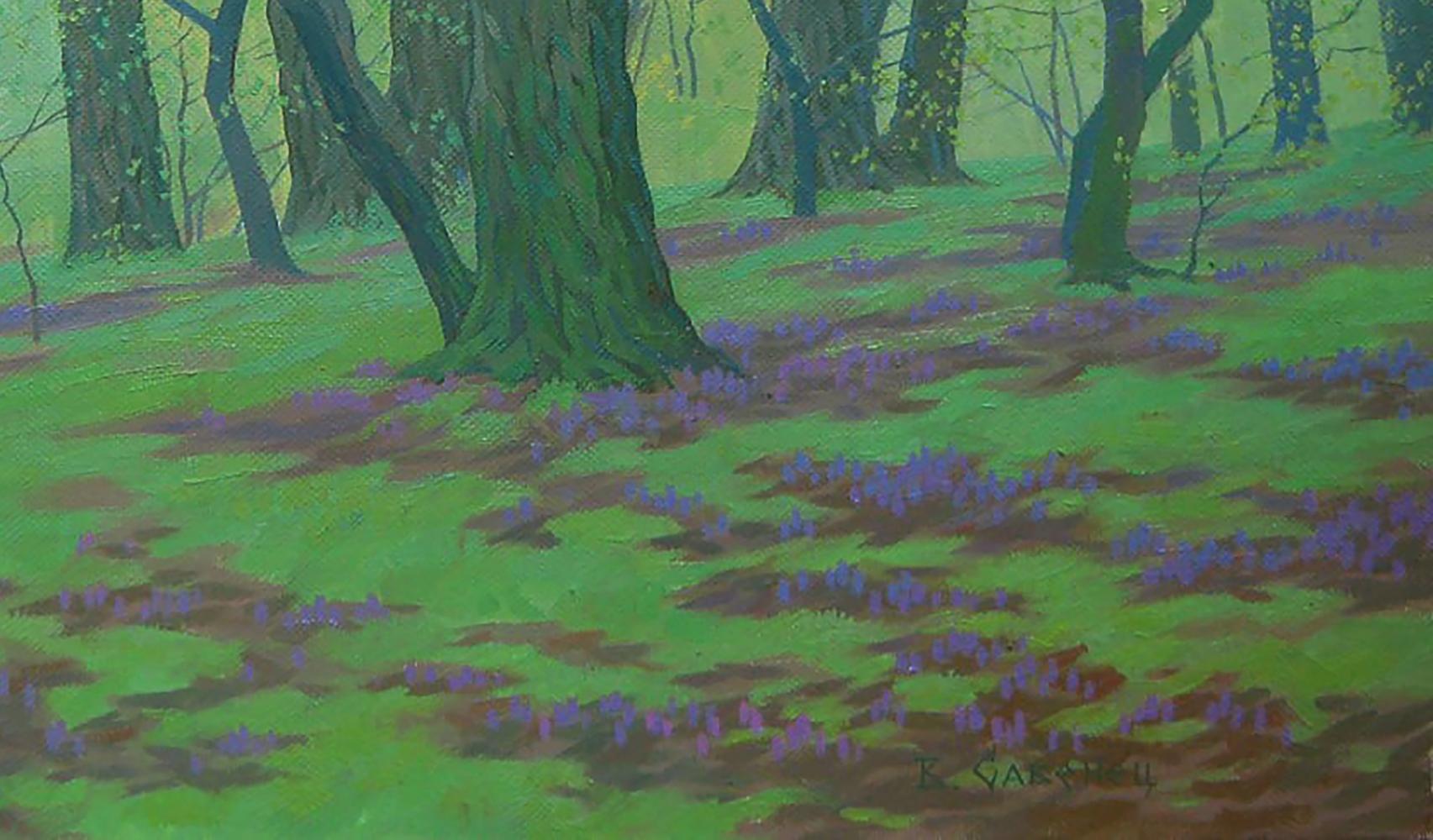 Oil painting Spring thickets by Valery Savenets: serene forest with bluebells