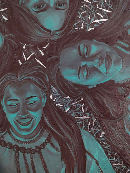 Teal oil painting Harmonious Womens by Oksana Sklym with three long-haired women