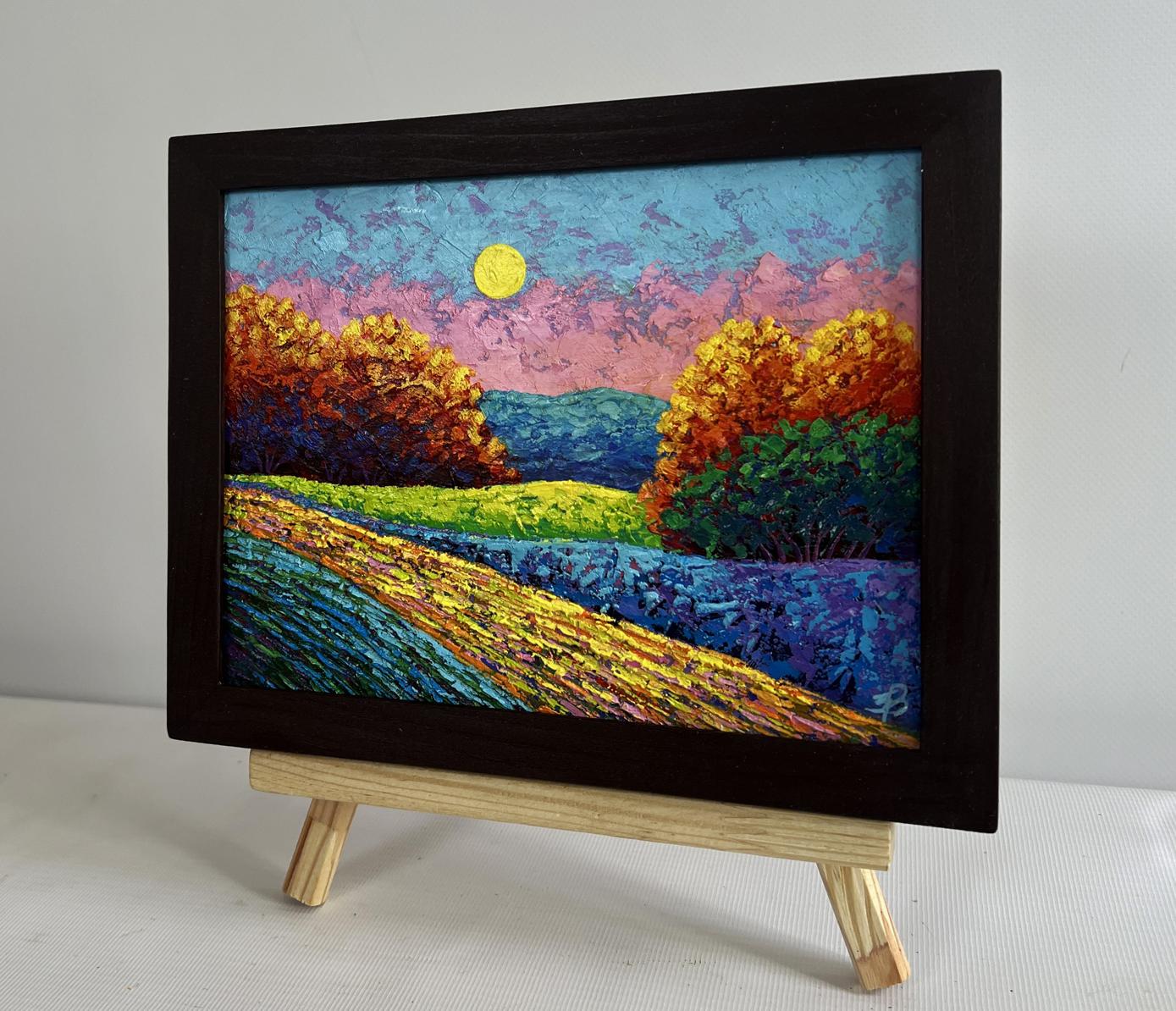 Oil painting Pink gentle sunset V. Zadorozhnya in black frame
