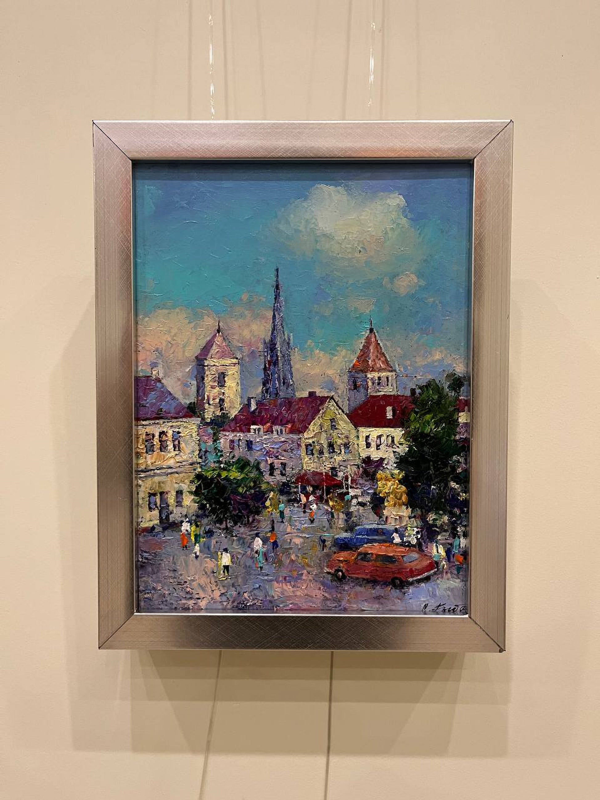 Oil painting by Serhiy Rybak of vibrant European town square