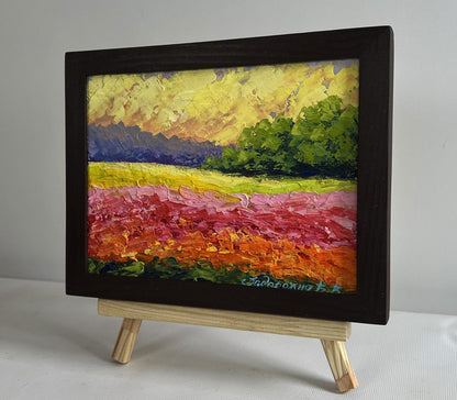 Oil painting Sunset among forest and fields by V. Zadorozhnya in wooden frame