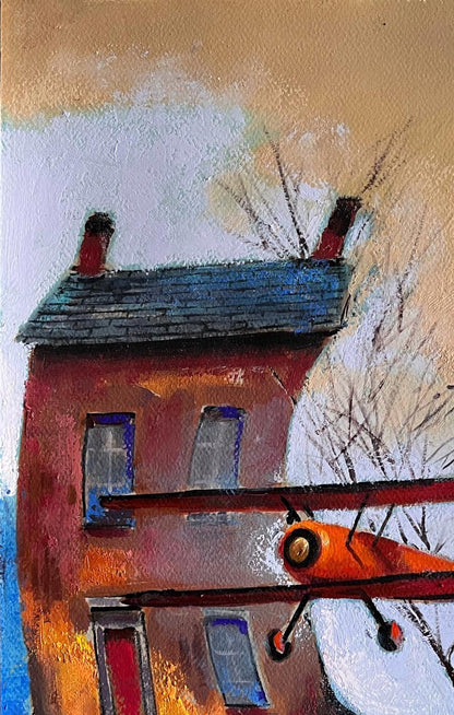 Vibrant orange biplane in Red Flight acrylic painting by Juan Angel Gonzalez de la Calle