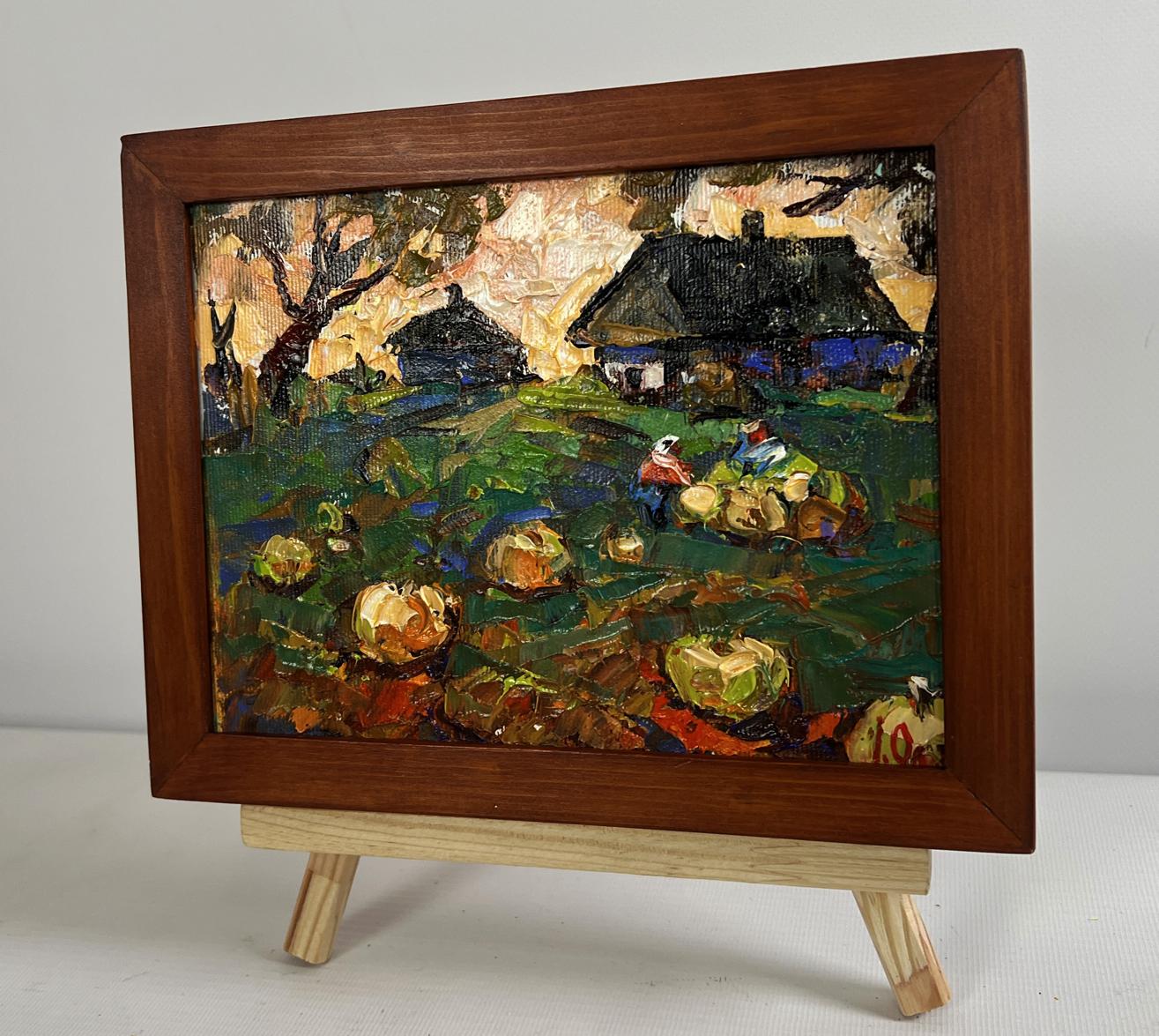 Oleksiy Ivanyuk oil painting of autumn vegetable gardens with pumpkins