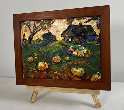 Oleksiy Ivanyuk oil painting of autumn vegetable gardens with pumpkins