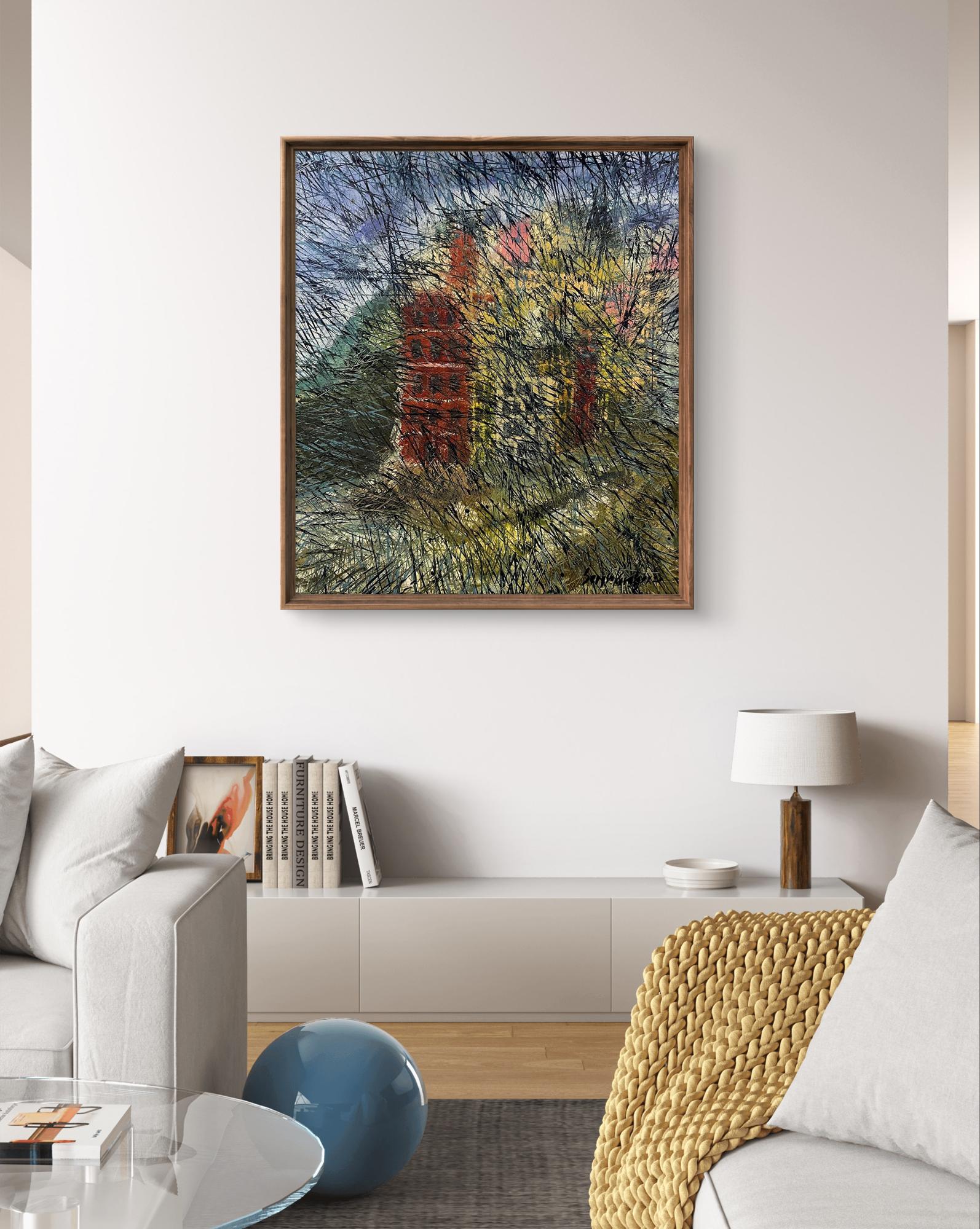 Framed oil painting There is fog in the city by Serhiy Kovalev, green red abstract