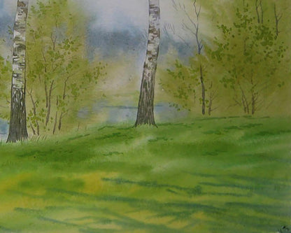 Watercolor painting of coastal birches by Valery Savenets