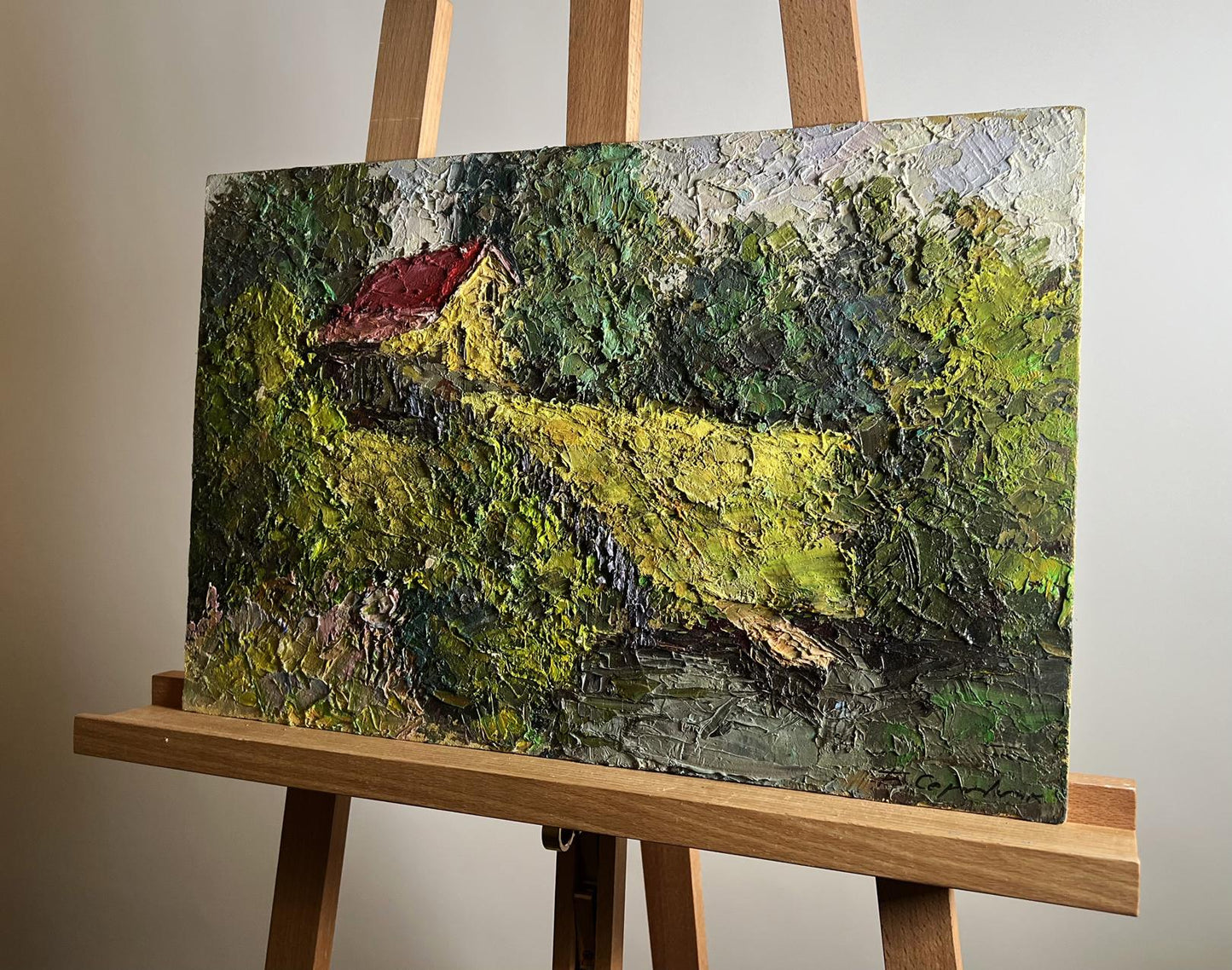 Oil painting of Boris Serdyuk house near pond in lush green foliage