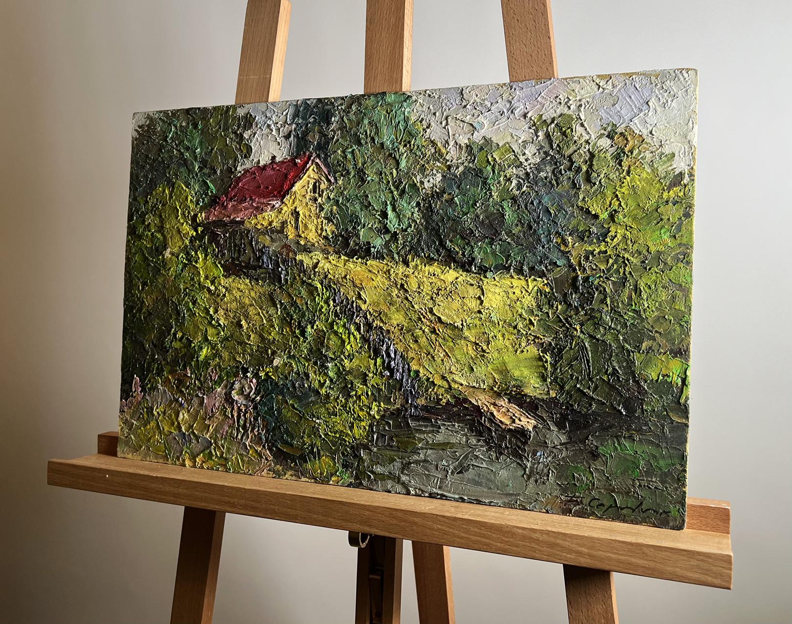 Oil painting of Boris Serdyuk house near pond in lush green foliage