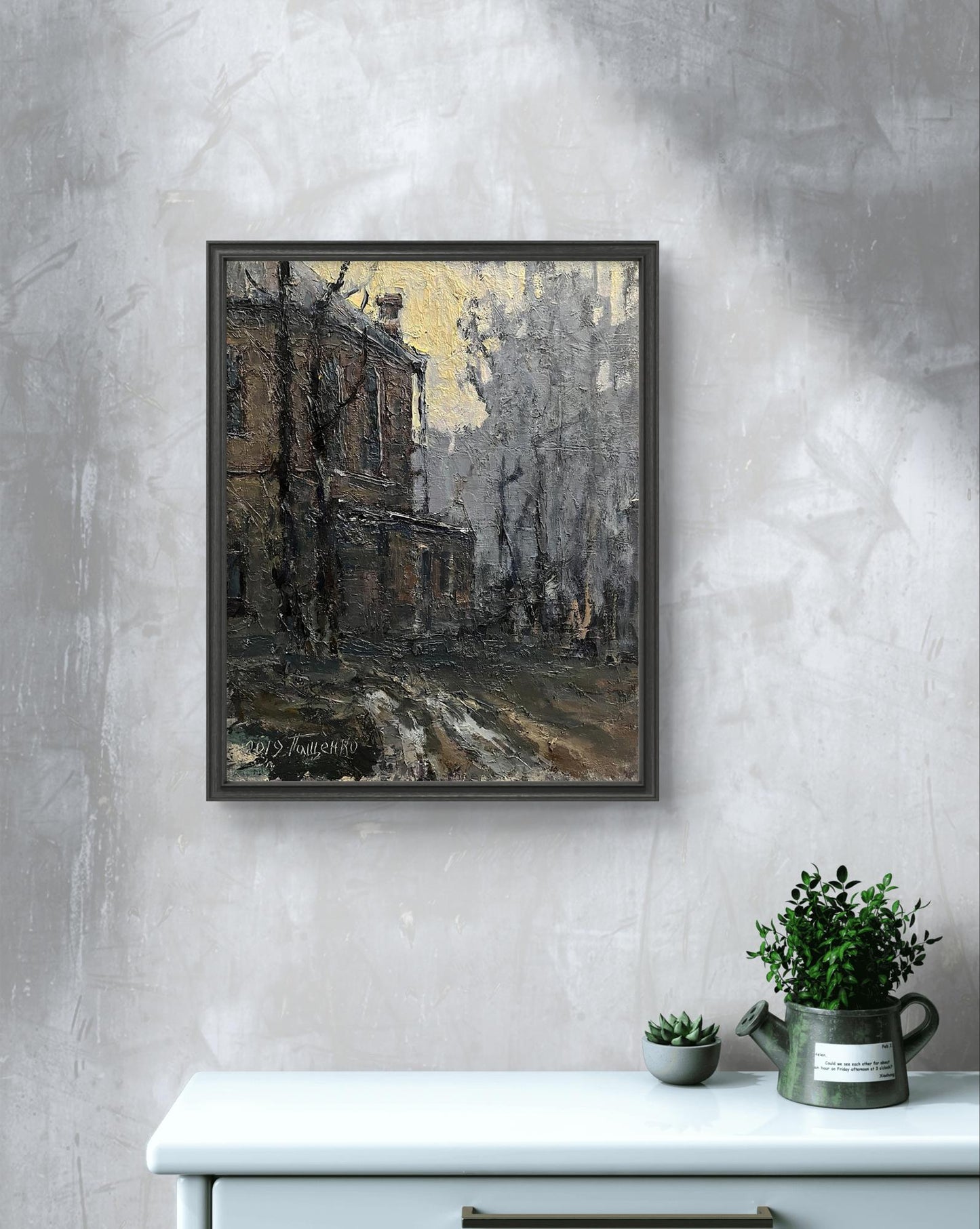 Framed oil painting of misty village street by Volodymyr Pashchenko
