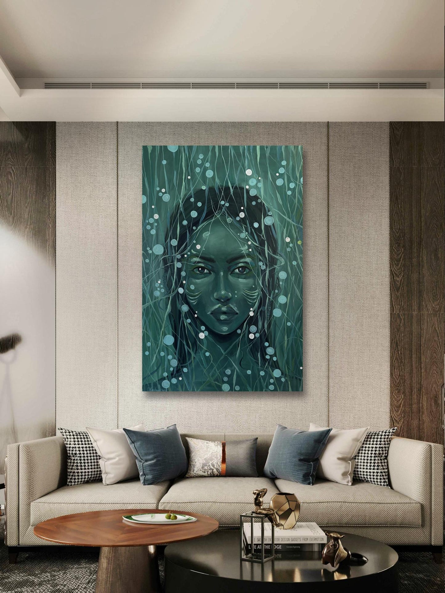 Teal abstract oil painting Underwater Victoria Kagalovska woman face