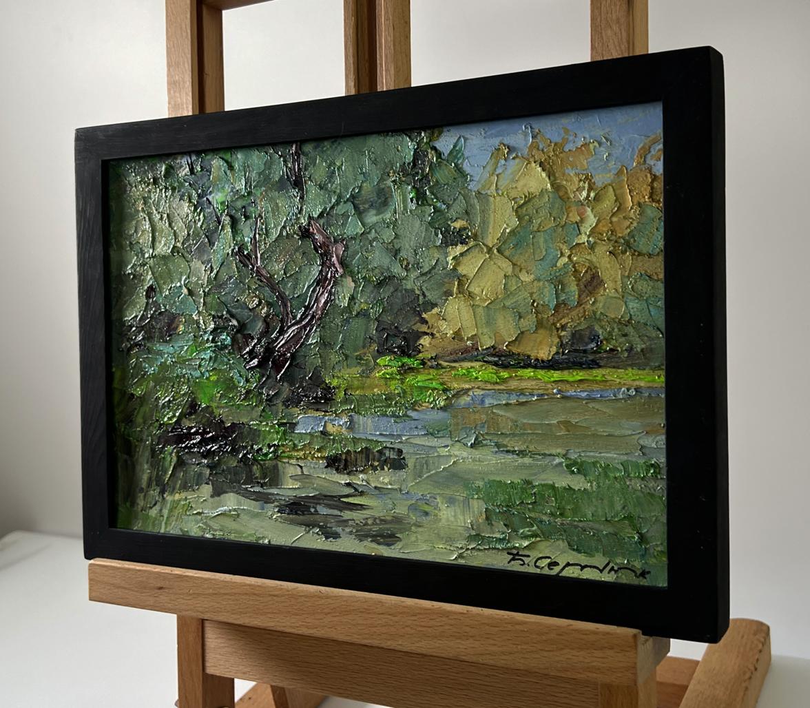 Oil painting Trees above the river by Boris Serdyuk in black frame