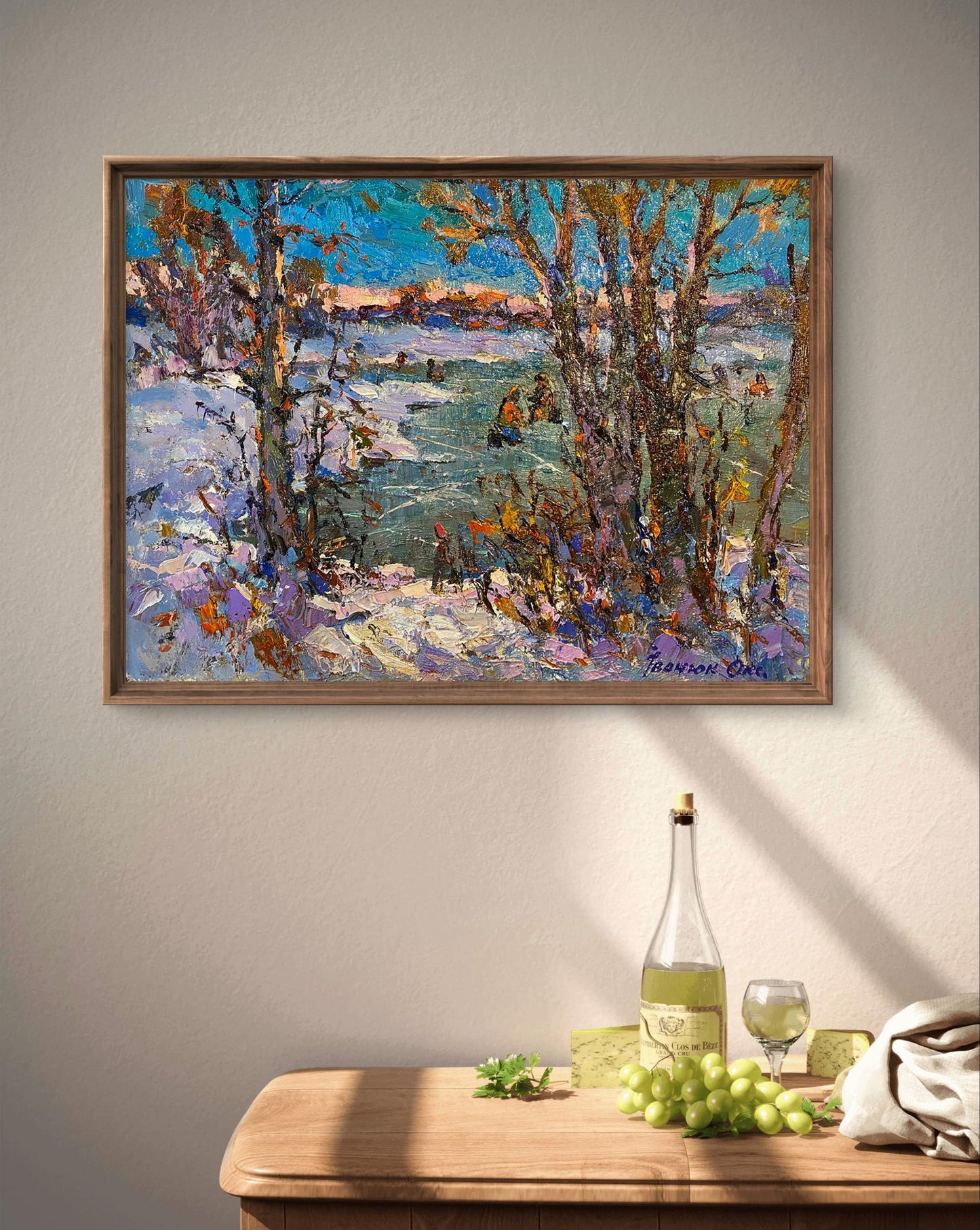 Framed impressionist oil painting First Ice on Fishing by Oksana Ivanyuk