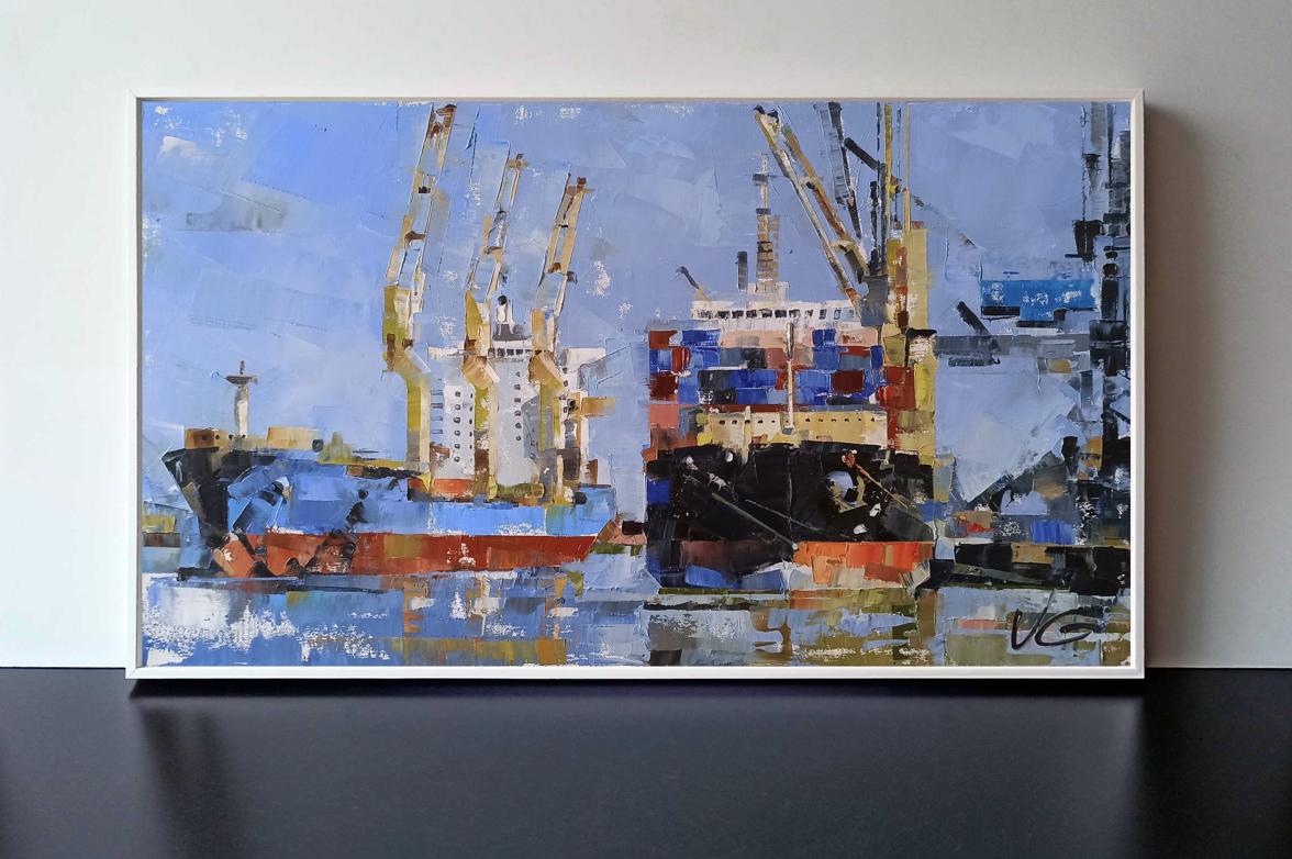 Oil painting Cargo ships by Volodymyr Gluhomanyuk in bold blues
