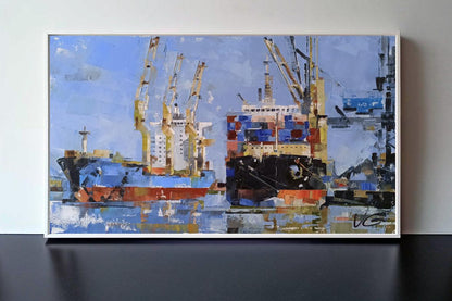 Oil painting Cargo ships by Volodymyr Gluhomanyuk in bold blues
