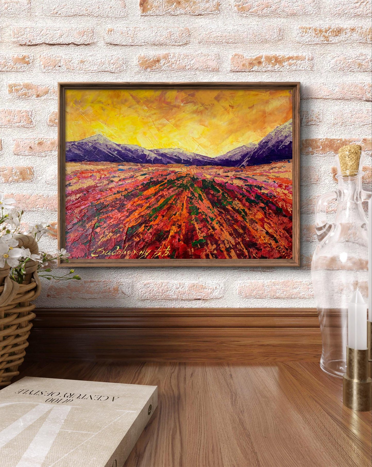 Oil painting Mountain sunset V. Zadorozhnya: red orange flowers, golden sky