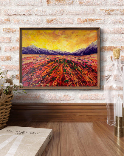 Oil painting Mountain sunset V. Zadorozhnya: red orange flowers, golden sky