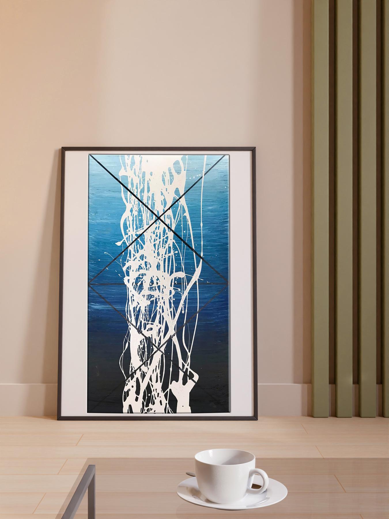 Acrylic painting Energy by Olga Melezhik, white brushstrokes on blue gradient