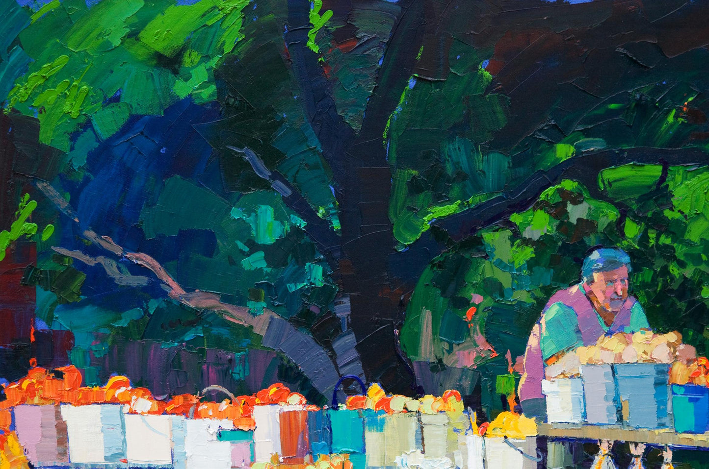Vibrant impressionistic oil painting of roadside fruit stand by Natalia Korf-Ivaniuk