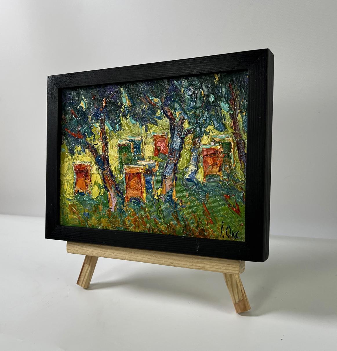 Oil painting Apiary in the forest by Oksana Ivanyuk in black frame