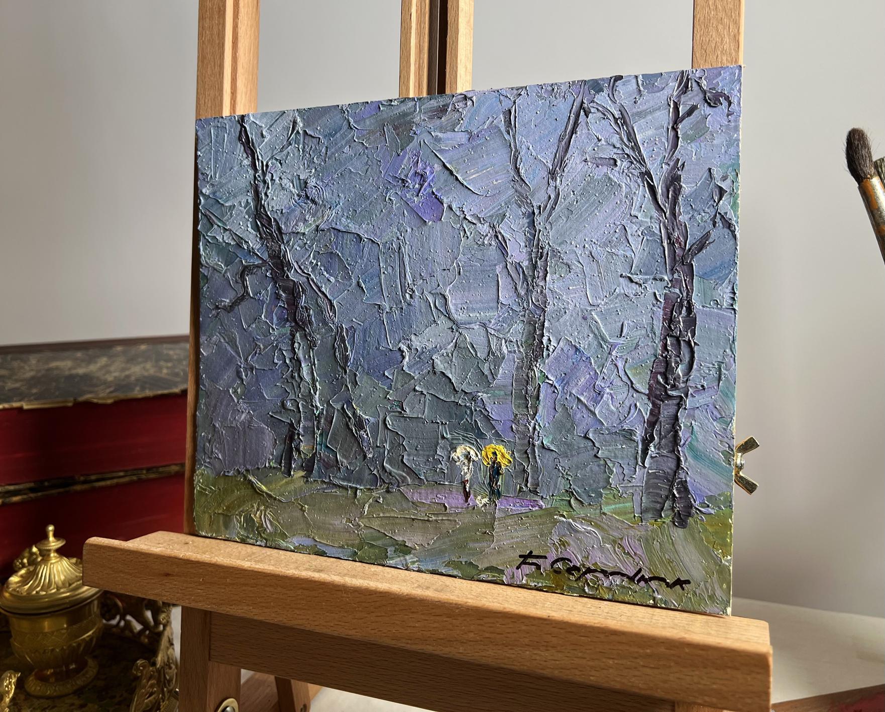 Oil painting Rainy morning by Boris Serdyuk: forest with bare trees, yellow flowers