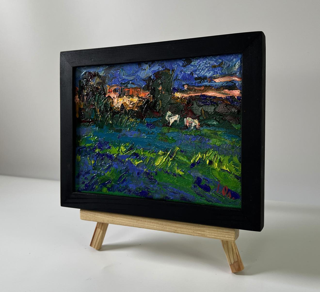Oil painting Night Meadows by Oleksiy Ivanyuk: vibrant landscape with white animals