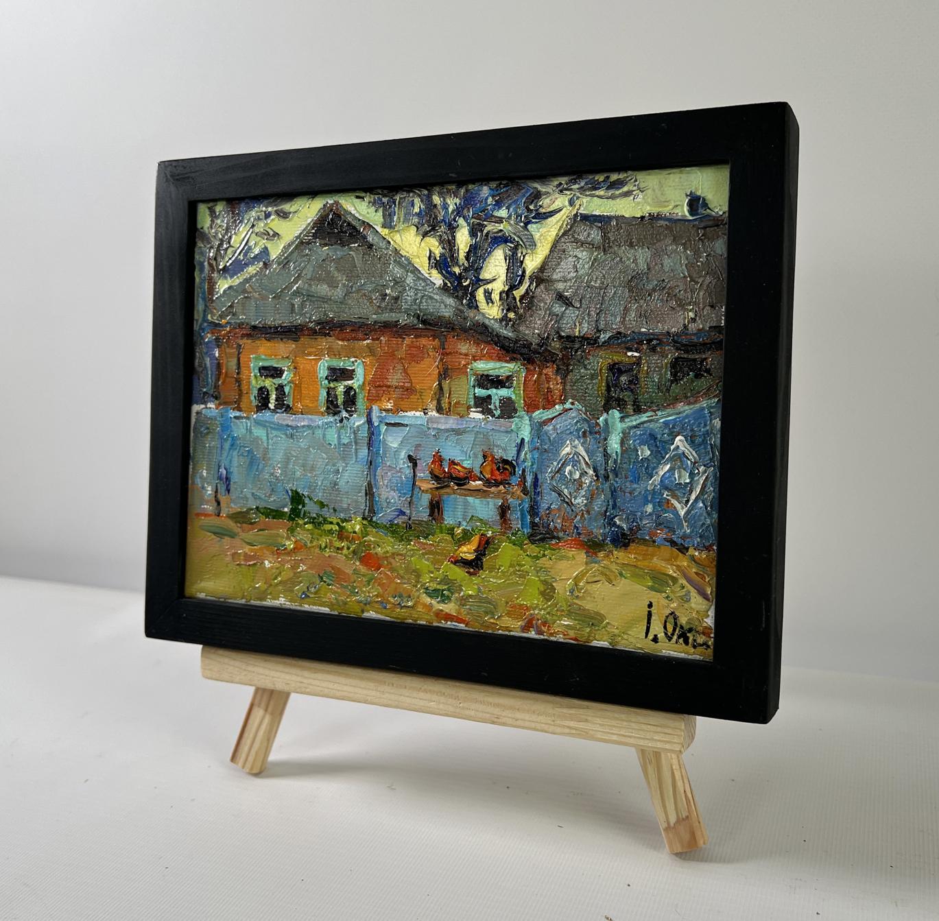 Oil painting Quiet Village Days by Oksana Ivanyuk on wooden easel