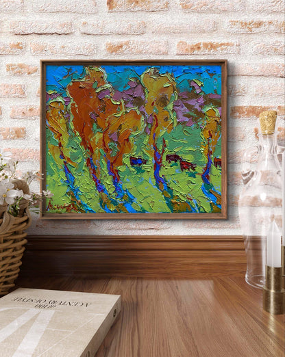 Oil painting Sunny Meadows by Oleksiy Ivanyuk, abstract trees in vibrant hues