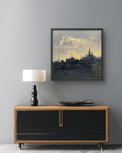 Oil painting of abstract cityscape landscape with church by Volodymyr Pashchenko