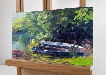 Oil painting The river and the forest by Boris Serdyuk, blue boat under lush foliage