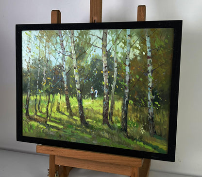 Oil painting A walk among the birches by Yuriy Suprunchuk in black frame